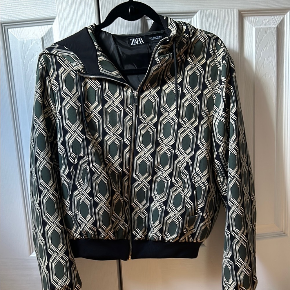 Zara Green Bomber Jacket with Geometric Pattern